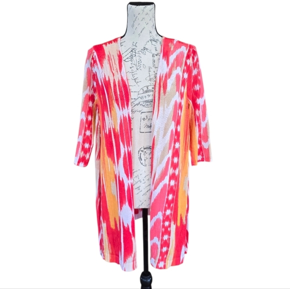 Chico's Sweaters - Chico's Red Orange Tie Dye 3/4 Sleeve Open Front Cardigan Sweater SP